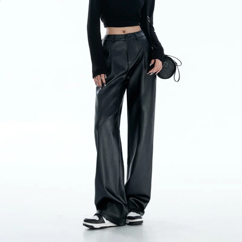 Black PU Leather Pants Women Casual Korean Fashion Baggy High Waist Straight Wide Leg Pants Streetwear Y2K Vintage Goth Punk 240821