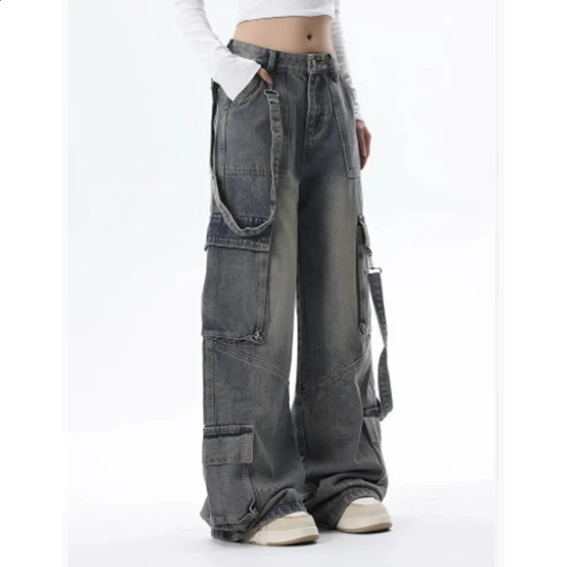 FOTVOTEE Cargo Pants Women Casual Loose Vintage Pockets Streetwear Denim Pants Korean Style Fashion High Waisted Jeans 240822
