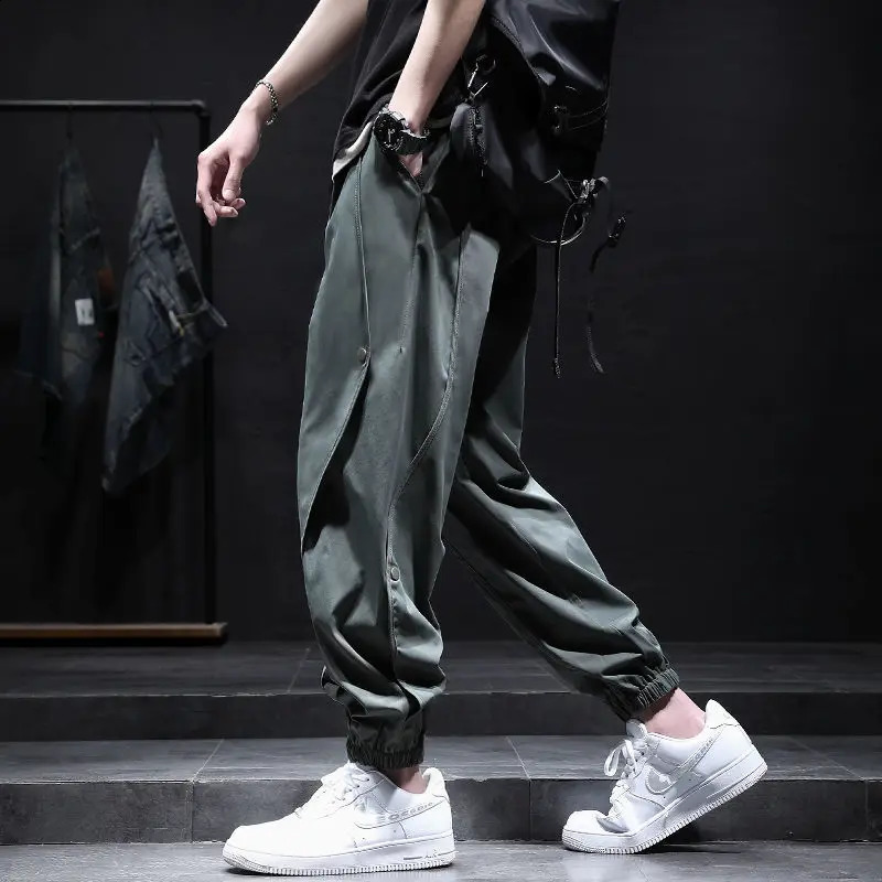 Summer Trend Mens Spliced Button Loose Casual Simplicity Solid Color Korean Version Commute Youth Harem Cargo Ninth Pants 240822