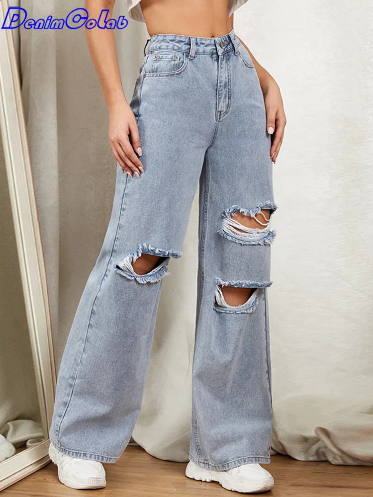 DenimColab Hole Washed Wide Leg Women Loose Boyfriend 100 Cotton Mom Jeans Casual Trousers Denim Pants Z260313