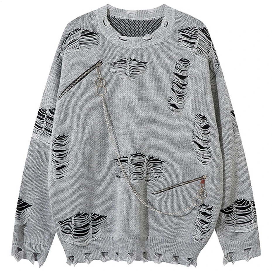 Mens punk sweater with zipper chain loose cardigan hiphop oversized Harajuku knitted pullout jumper black gray 240821
