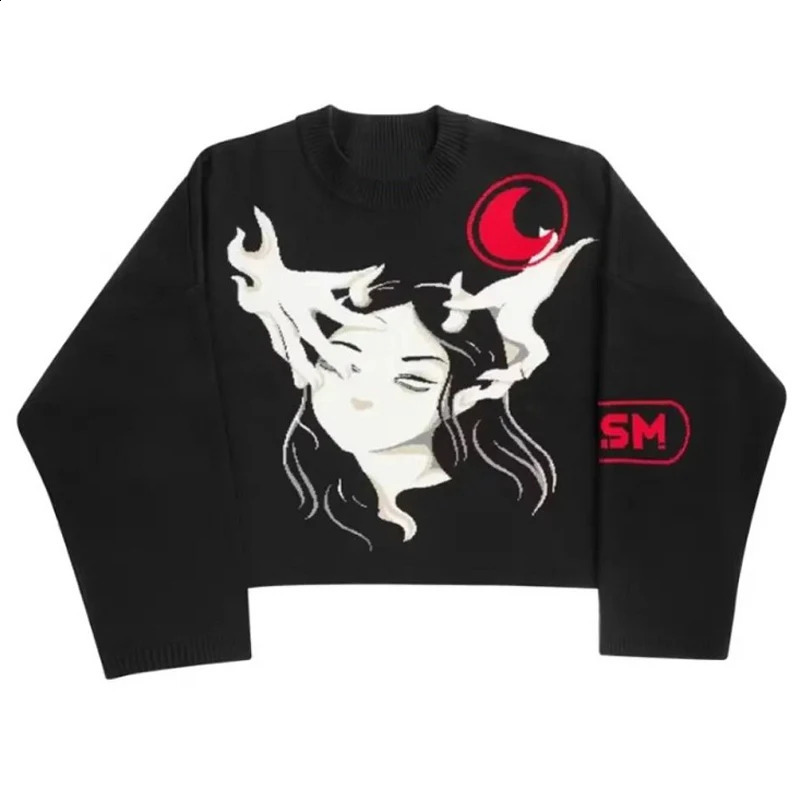 Y2K winter warm abstract portrait sweater Harajuku Pullover mens long sleeved knitted streetwear punk womens retro top 240821
