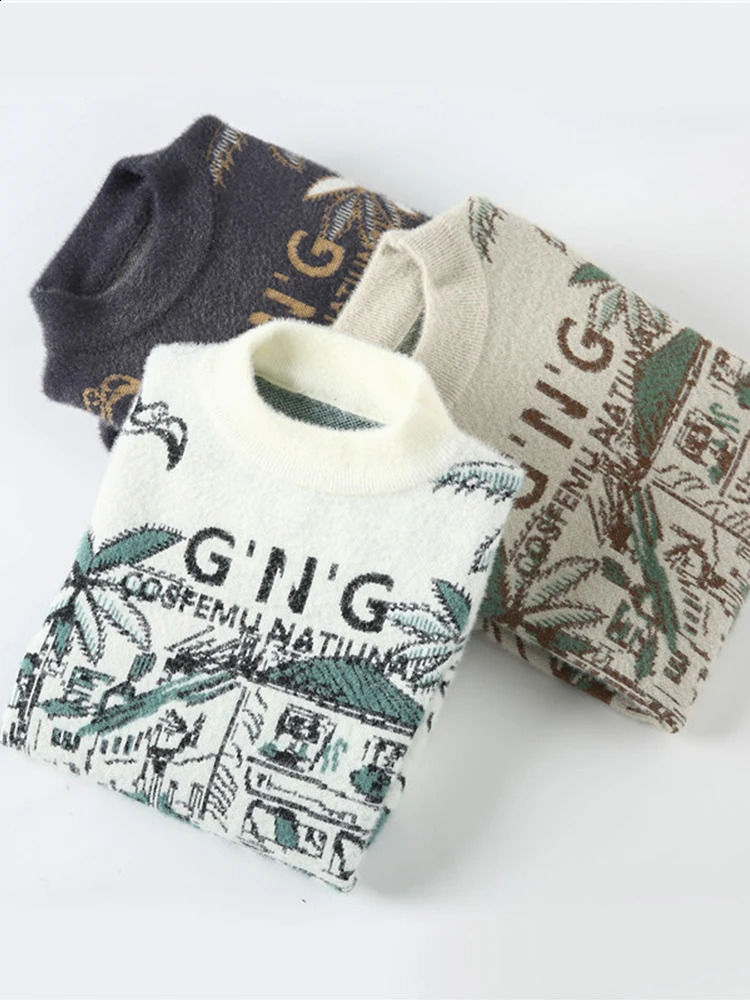 Retro Knitted Sweater Mens Casual Winter Crewneck Jacquard Thick Warm Korean Lanhua Youth Clothing Fashionable 240821