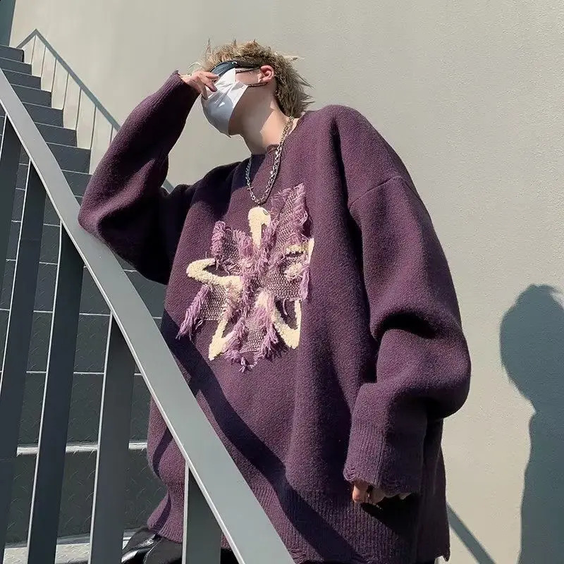Thickened Sweater Men Purple Knitted Harajuku Sweater Autumn And Winter n Sense Top Long Sleeve Jumper Star Pattern 240821