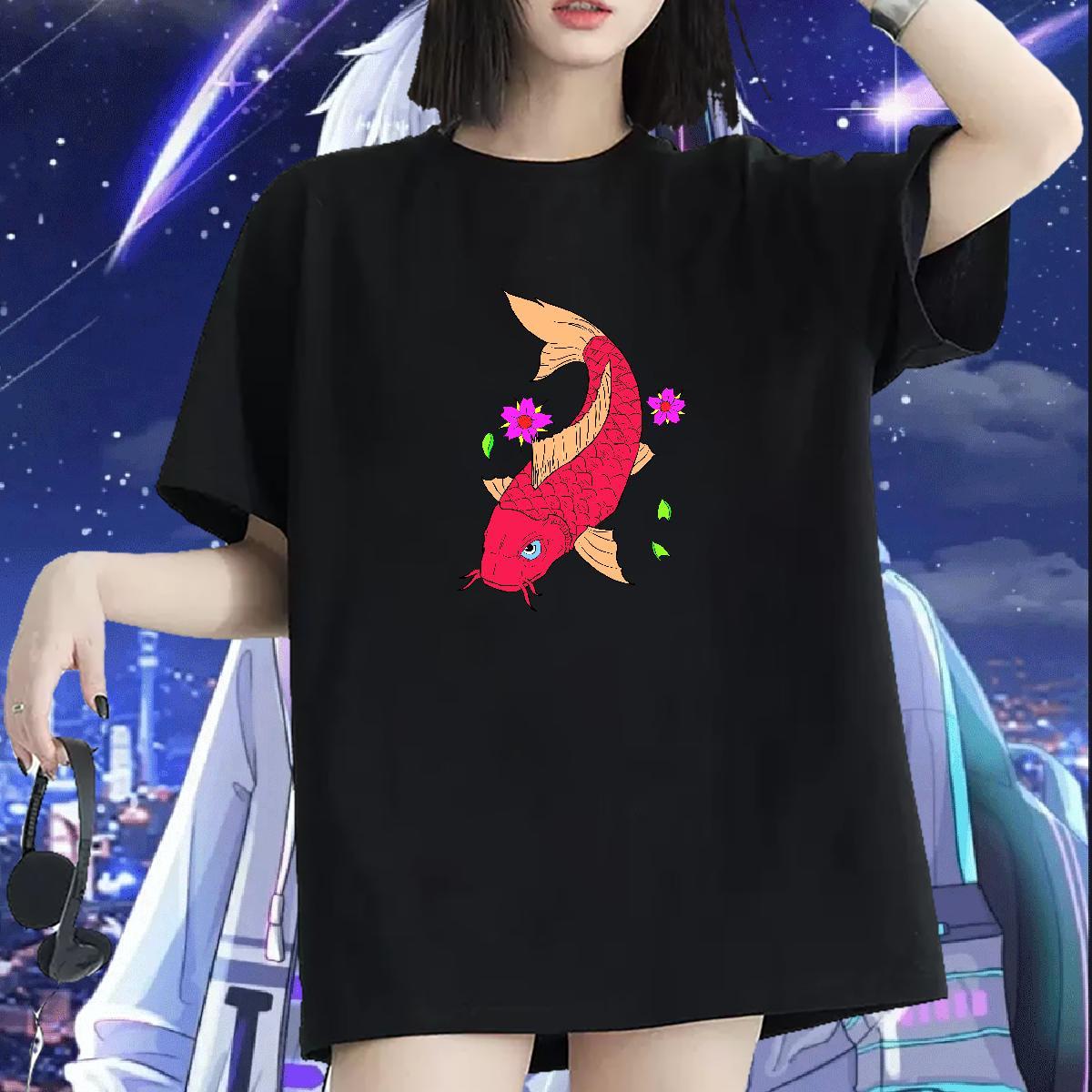 New Womens T Shirts Breathable 230g Pure Cotton Couples T Shirts Cartoon Printing L-4XL fish Daily Wear Brand Tops