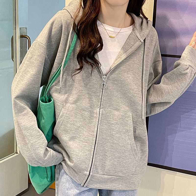 Spring and Autumn Korean edition solid color zipper cardigan casual jacket long sleeved sweatshirt women's BF style loose hooded top trendy dongd
