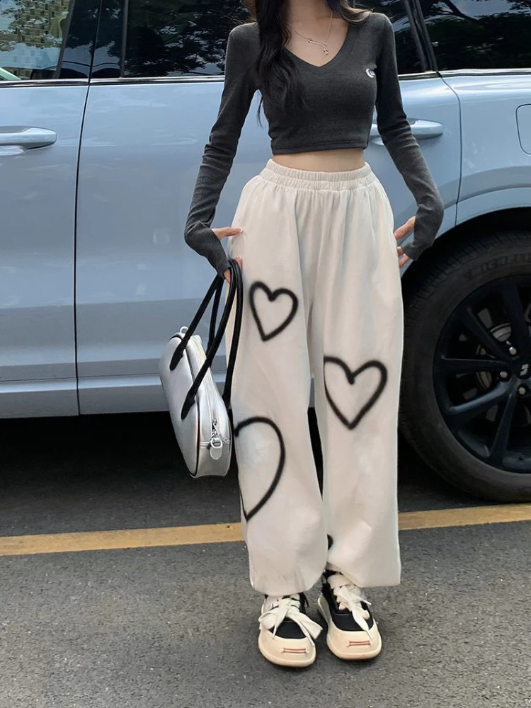 QWEEK Hippie Vintage Baggy Pants Women Y2K Retro Streetwear Heart Print Sweatpants Harajuku Oversize Jogger Korean Fashion 240821