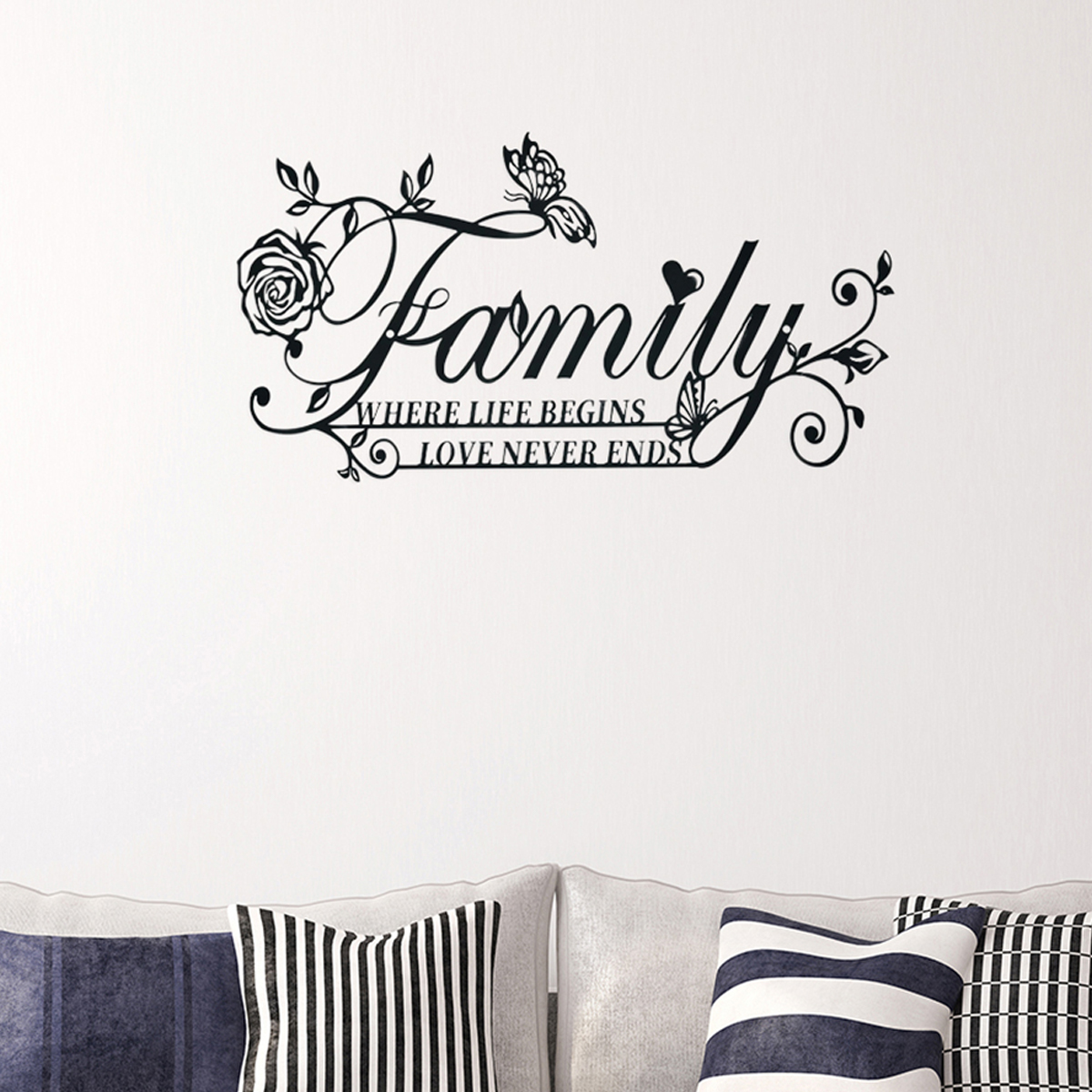 Home Decor Life Begins Family Love Never Ends Text Sign Metal Wall Art Decor Black Letters