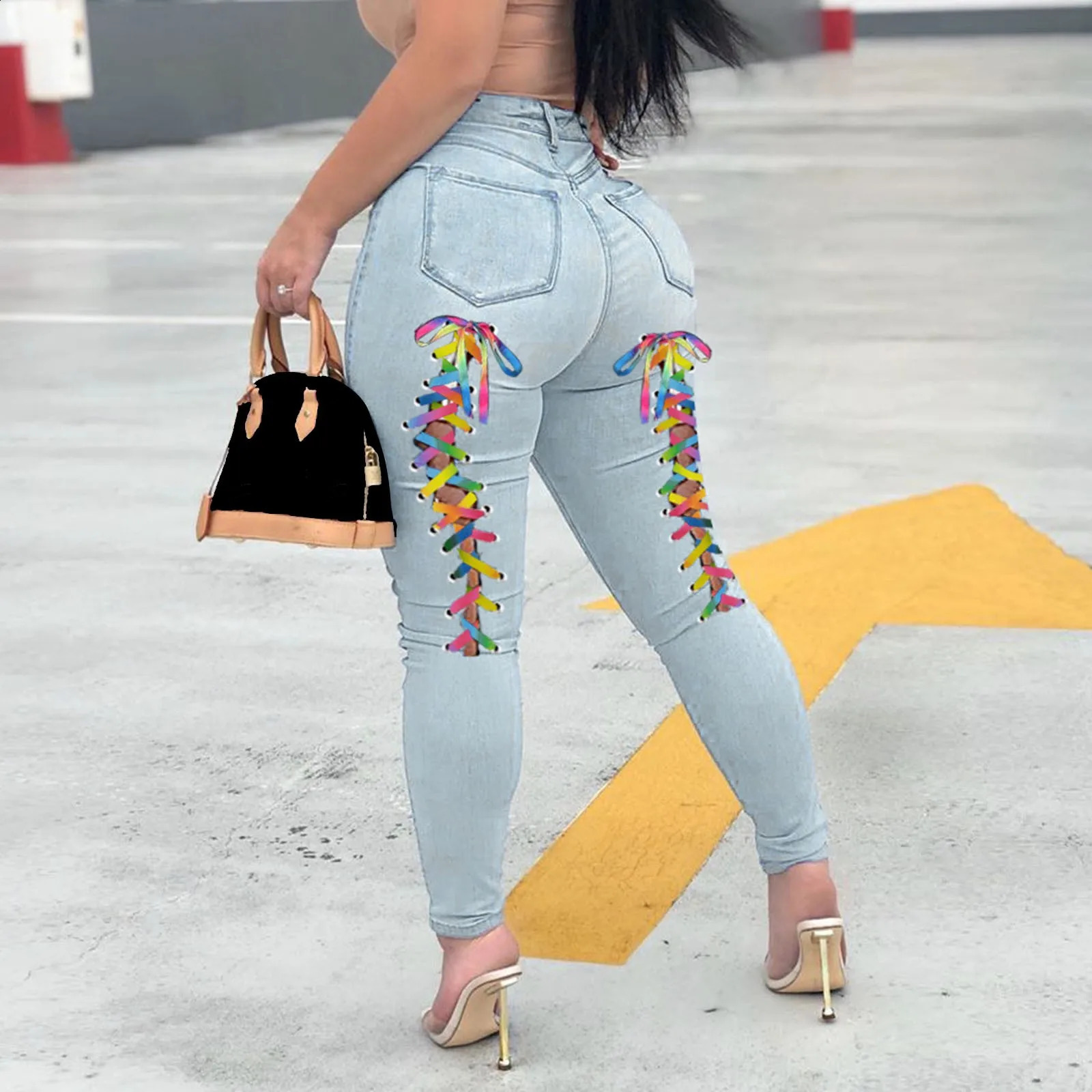 Ladies Color Straps Denim Pants Fashion Casual Stripe Sexy Pants Casual Slim Baggy Jeans For Women Korean Streetwear Trousers 240821