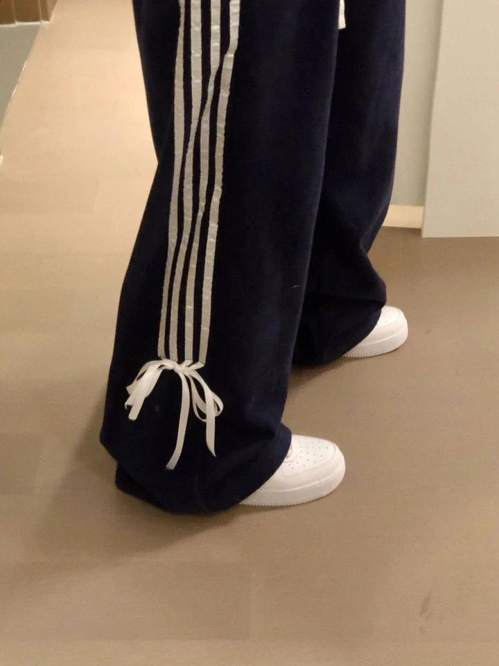 Womens Striped Pants Vintage Y2k Harajuku Jogger Sweatpants 90s Aesthetic Lace-up Pants High Waist Wide Trousers 2000s Clothes 240821