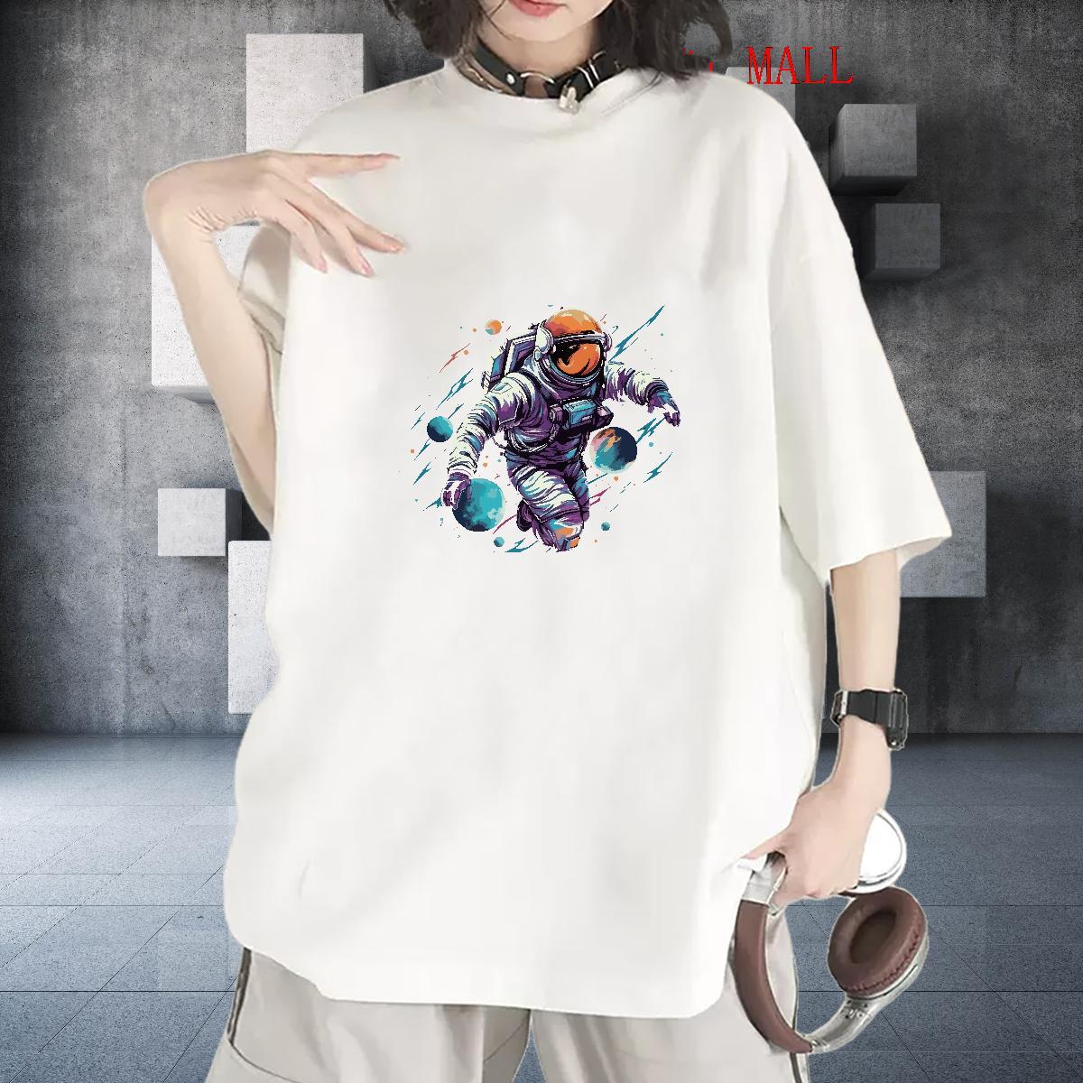 Lady Couples T Shirts 100% Cotton 230g cosmonaut Casual Sport T-Shirts for Women Round Neck Short Sleeve Customized Print Top Shirts