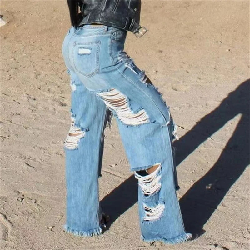 Fashion Front Back Large Holes Straight Jeans Female Casual High Waist Denim Pants Women Sexy Trend Streetwear Loose Trousers 24 240821
