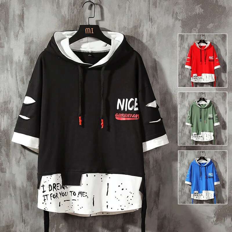 Men Fashion Ribben Hoodie Summer Short Sleeve Men's Hoodies Color Splice Hooded Tshirt Hip Hop Street Sweatshirt