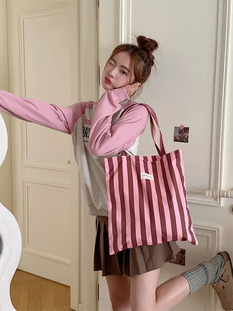 Women Canvas Stripe Tote Shoulder Bags Large Capacity Foldable Eco Cotton Cloth Handbag Female Casual Travel Shopping School Bag 240822