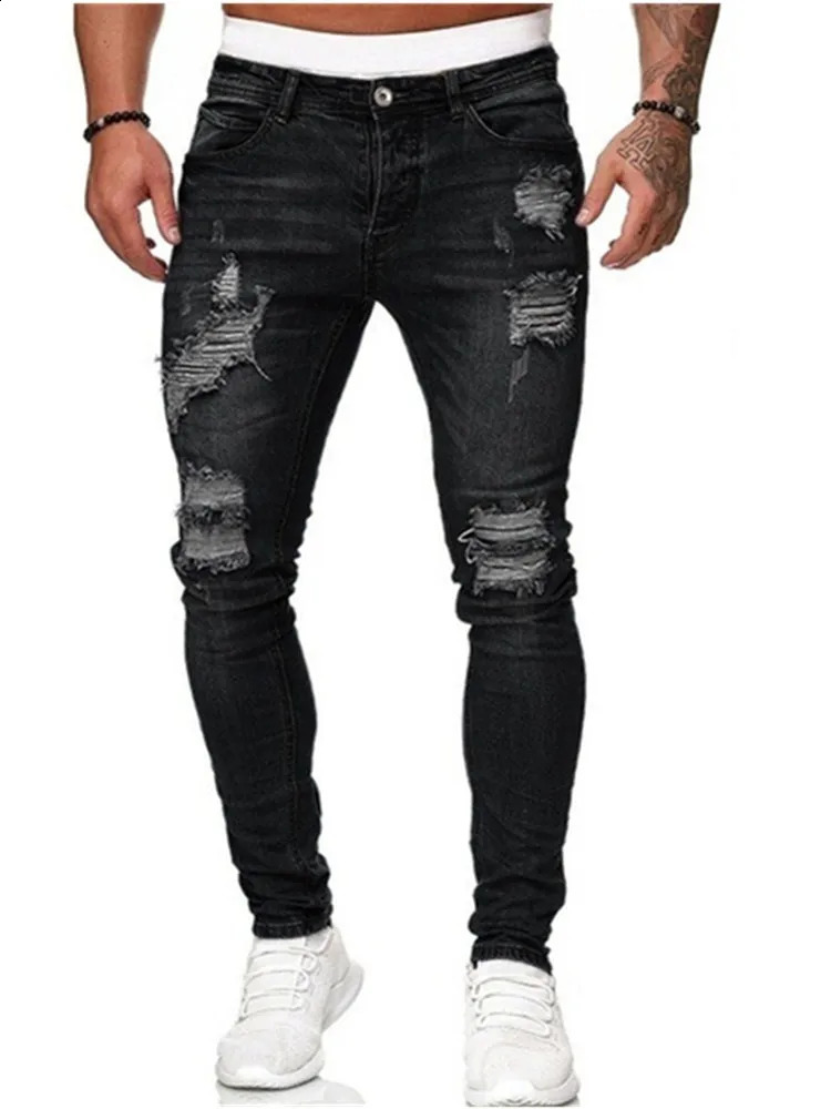 Mens slim jeans casual ripped micro-elastic skinny feet jeans mens hip hop style paint cover tear personality pants men 240821
