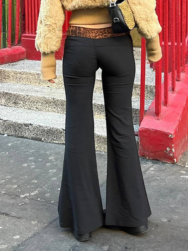 IAMSURE Y2K Patchwork Leopard Printed Flare Pants Casual Slim Low-Waisted Wide Leg Pants Women Autumn Spring Streetwear 240821
