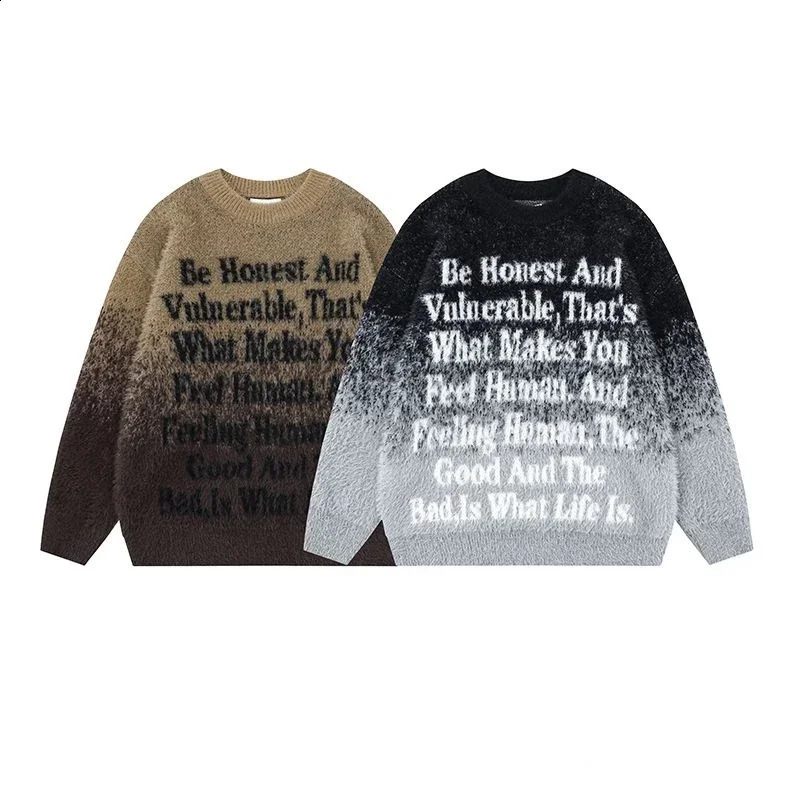 Hip hop gradient letter print knitted pullovers sweaters men and women fall and winter casual couple thickened oversize vintage 240821
