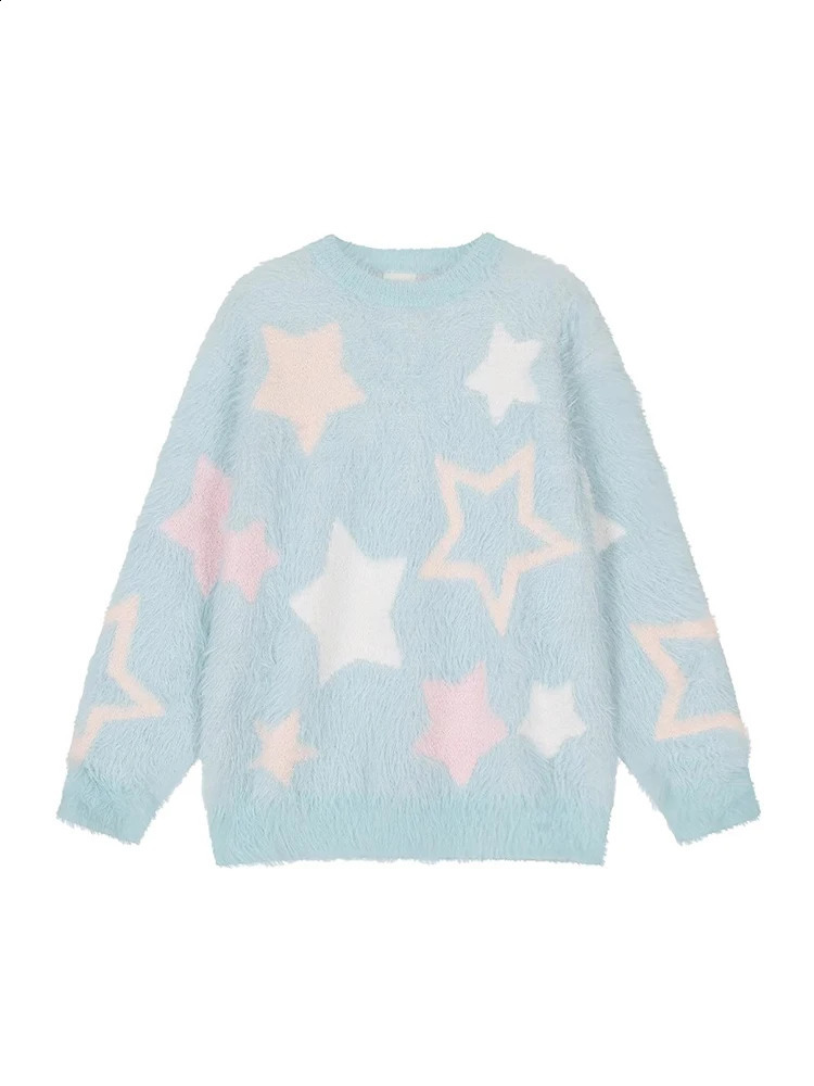 Womens Blue Star Mohair Pullover Sweater Harajuku Korean Y2k Long Sleeve Skydiving Knitted Retro 2000 Autumn Clothing 240821