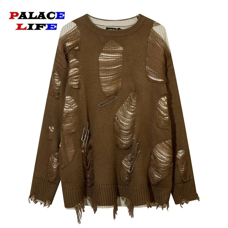 Harajuku Vintage Hole Knitted Sweater Men Punk Rock Gothic Dark Ripped Winter Hip Hop Pullover Casual Oversize Thick Sweater 240821
