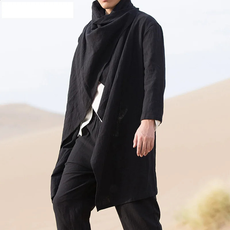 Mens Cotton and Linen Trench Cape Long Irregular Cape Autumn and Winter Long Sleeved Coat Men 240822