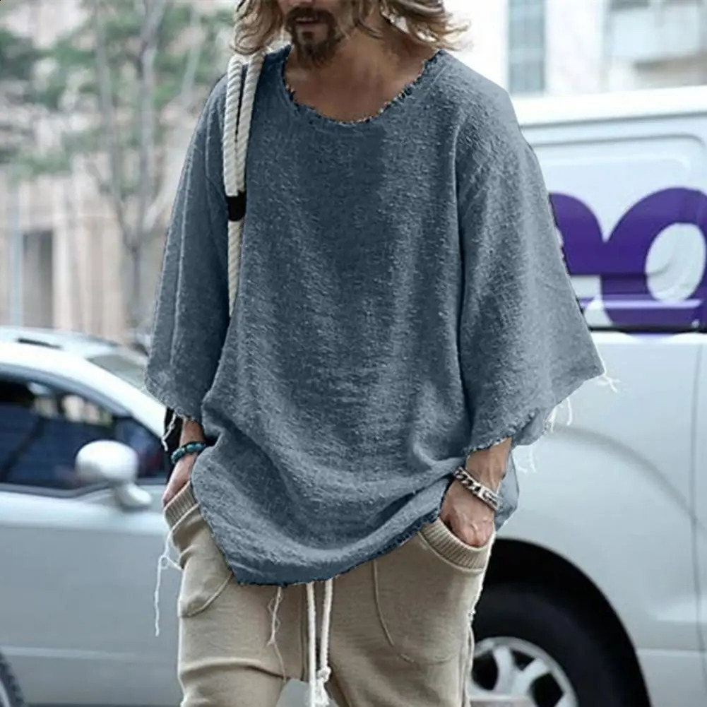 Mens solid color loose streetwear long sleeved burr edge top used for dating mens pull-out streetwear Ropa 241118CJ
