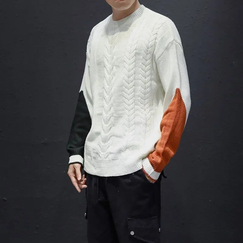 Port Wind Literature and Art Color Block Crew Neck Mens Clothing Twisted Flower Stay Warm Casual Autumn Winter Sweaters 240821