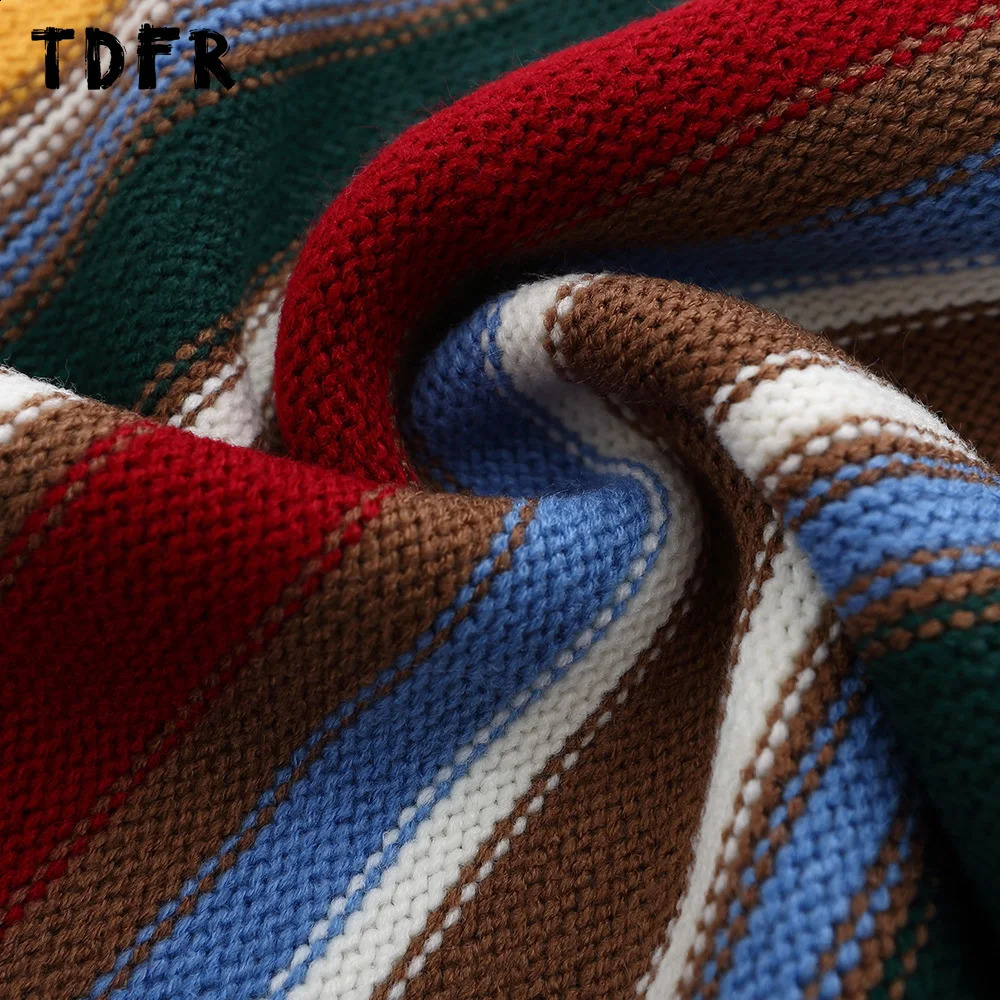Contrast horizontal striped sweater mens autumn retro casual loose collar long sleeved knitted floral men 240821