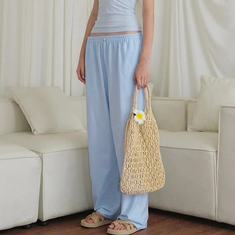 IAMTY Elastic Applique Wide Leg Pants Blue Casual Basic Loose Sweatpants Jogging Casual Basic Trousers Y2K Aesthetic Bottoms 240821