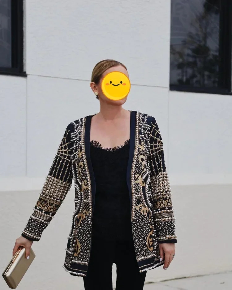 Krismile Women French Vintage Suit Jacket Pearl Printed Long-Sleeved V-Neck Woman Coat Blazer Outerwear Autumn Jackets 240821