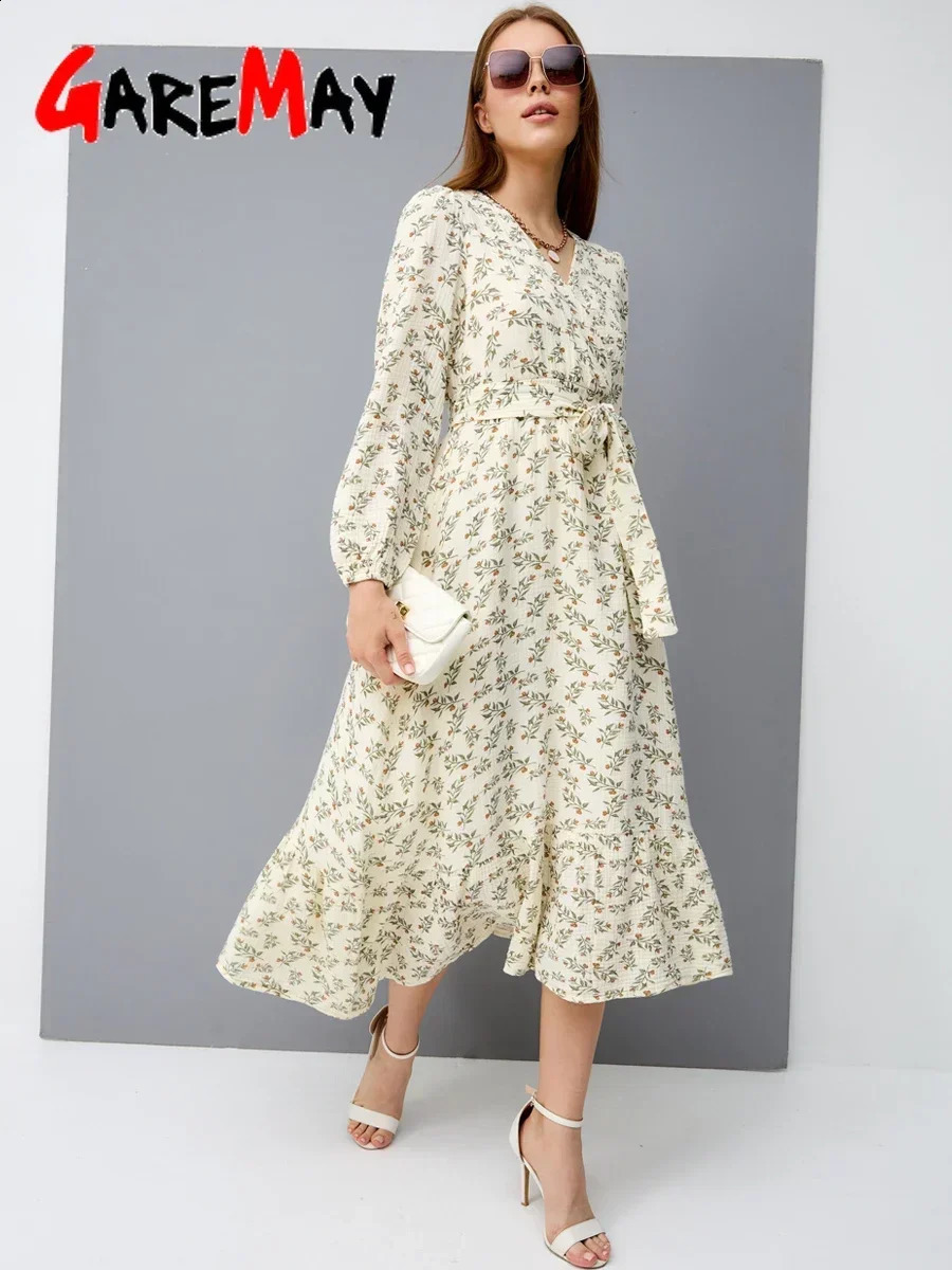 Casual Womens Cotton Dress 100% Floral Print A-line Vintage Muslim Midi Dress Flower V Neck White Elegant Dresses for Women 240822