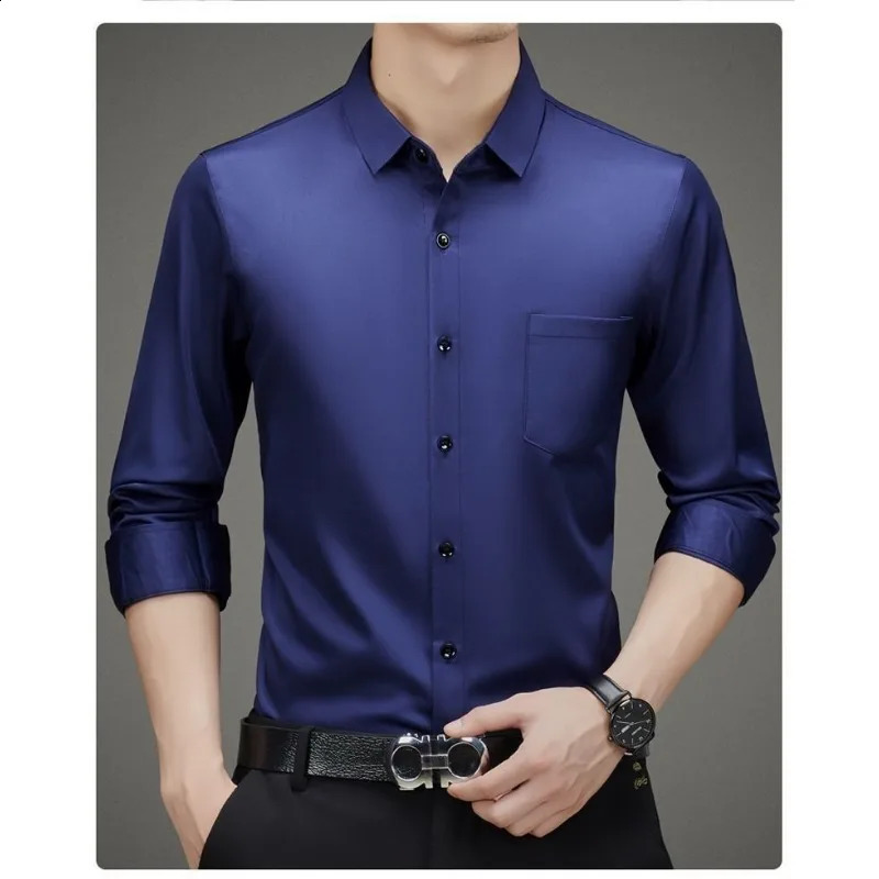 100% Mulberry Silk Shirt Men High Quality Long Sleeve Pocket High-end Business Casual Elastic Anti-wrinkle Non-iron Mens Shirts 240822