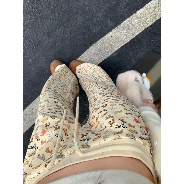 Kawaii Dog Print Pants for Women Y2k E-Girl High Waist Drawstring Flare Spring Straight Loose Wide Leg 240821