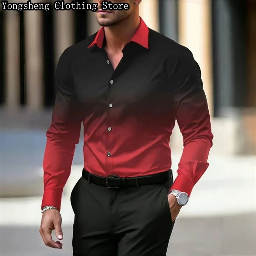 Mens long-sleeved ice silk printed shirt business splicing gradient pattern fashionable business casual clothing 240822