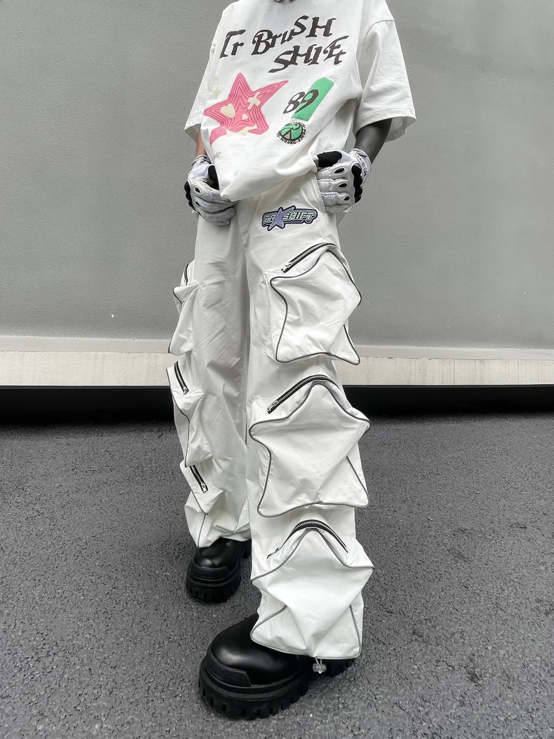 Y2k Cargo Pants Men Five Pointed Star Three Dimensional Multi Pocket Black Pants Reflective Casual Straight Leg Pants Streetwear 240814