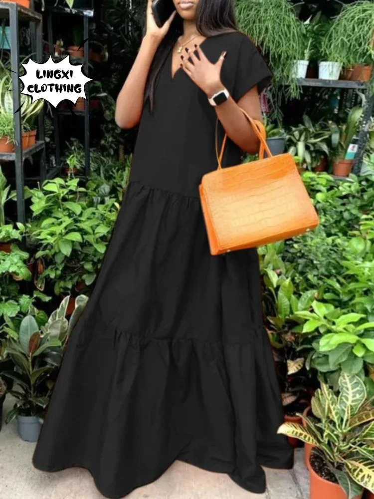 Autumn Womens Large Size Loose Elegant Womens Dress V-Neck Temperament Gathering Womens Gown Sexy Holiday Dress 240822