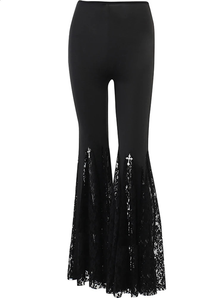 Zoki Harajuku Y2K Lace Up Patchwork Flare Pants Women Gothic Sexy Streetwear Casual Trousers Punk High Waist American Retro Pant 240821