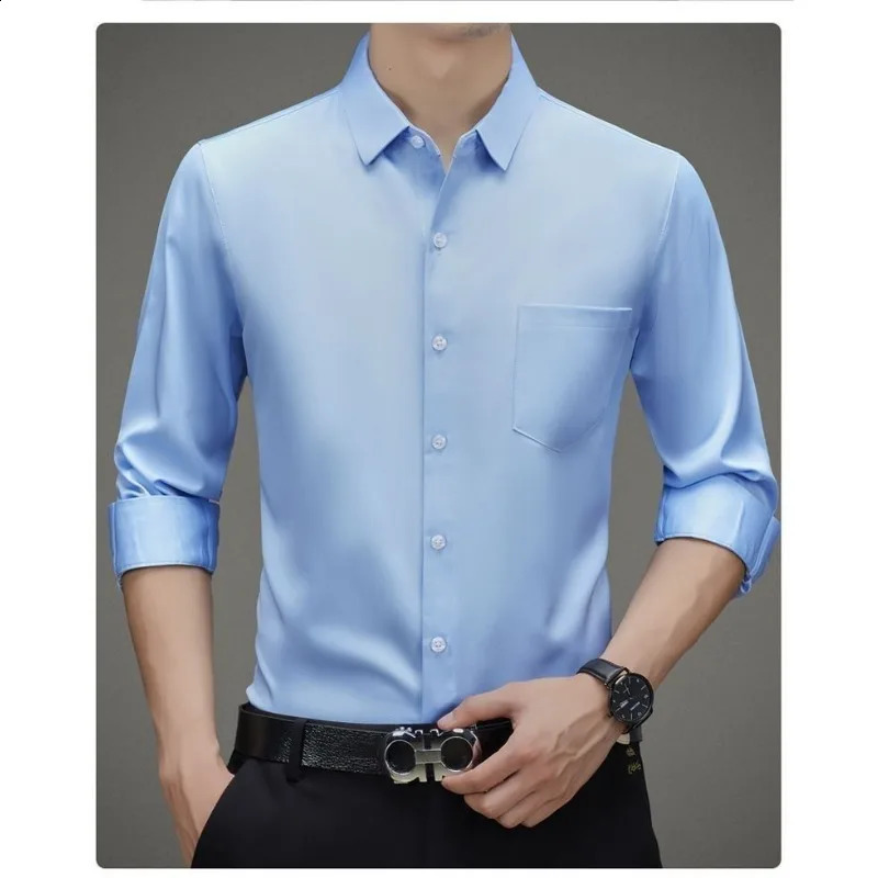 100% Mulberry Silk Shirt Men High Quality Long Sleeve Pocket High-end Business Casual Elastic Anti-wrinkle Non-iron Mens Shirts 240822