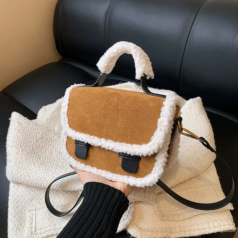 Small Tote Bag For Women VintageNubuck Leather Crossbody Bags er Lamb Wool Handbag Female Top Shoulder Bag Winter 240821