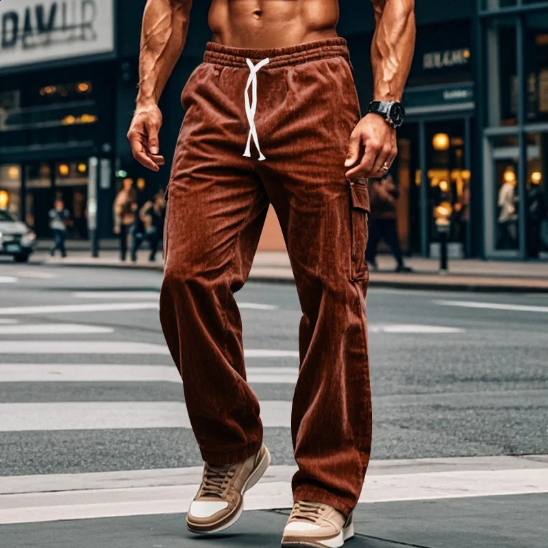 Men Vintage Solid Color Drawstring Stitch Pockets Trousers Male 2024 Sweatpants Streetwear Autumn Loose Corduroy Cargo Pants 240821