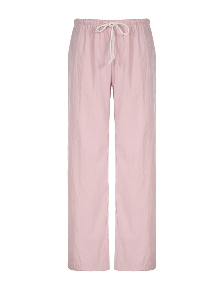 Sweetown Pink Solid Loose Casual Woven Straight Leg Pants Women Drawstring Low Waist Y2K Baggy Jogging Trousers 240821