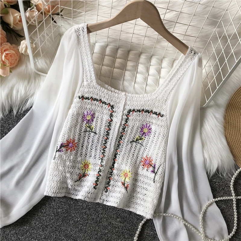 Woman Blouse Women Oversized Top Blouses Embroidery Long Sleeve Tees Crochet Shirt Floral Print Crop Streetwear Blusas Dropship 240821