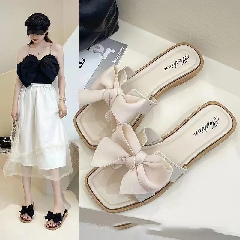 2024 New Bow Slippers for Women's Summer Outwear Fashion Home Flat Bottom Anti slip Fairy Style One line Cool Slippers Soft ecb
