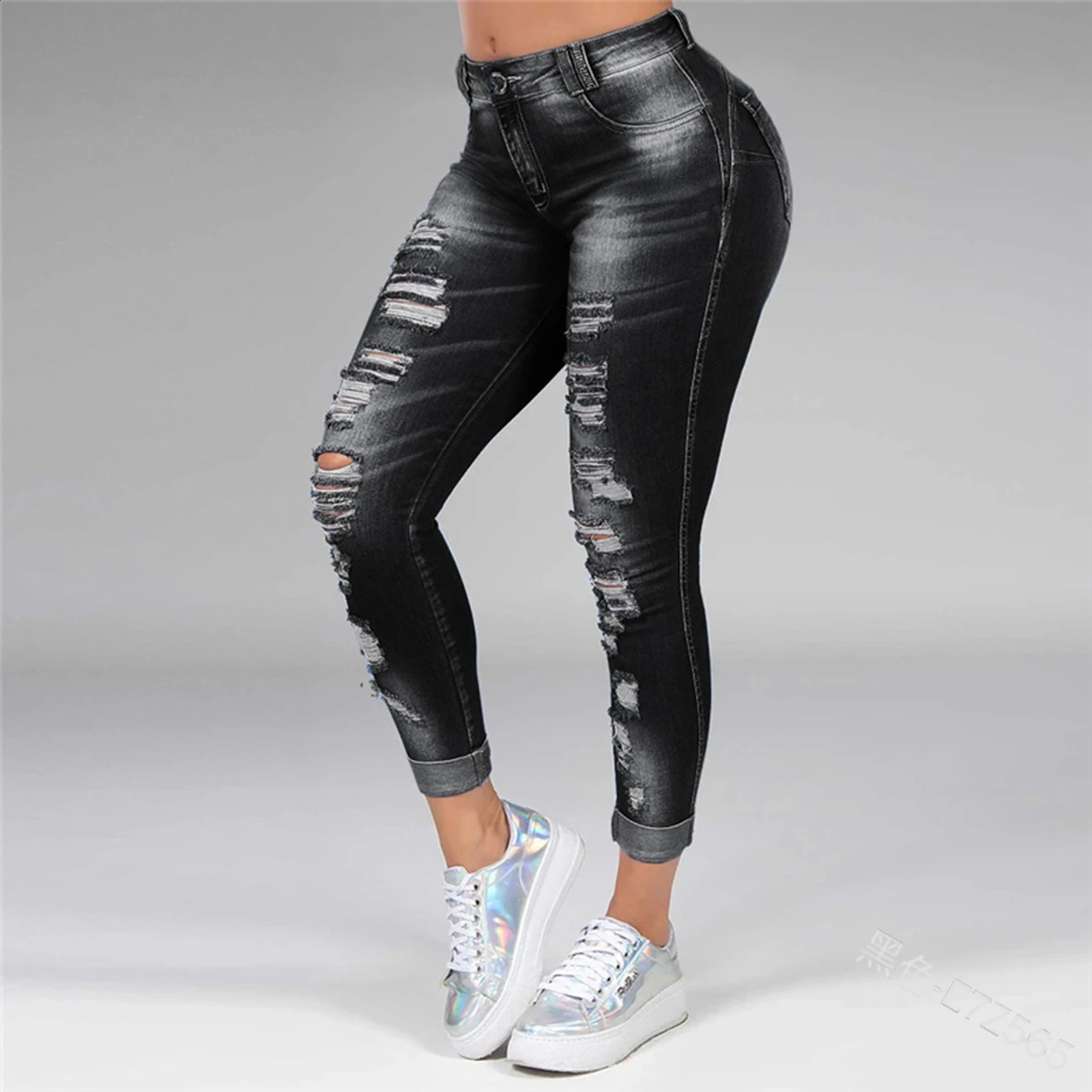 Women Fashion Hip Hop Broken Holes Denim Jeans Cord Ripped Pencil Pants 240821