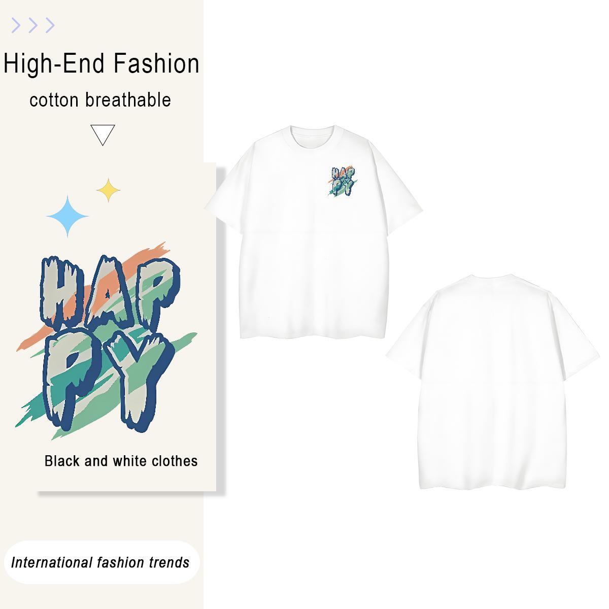 Loose Unisex Tshirts 230g Cotton happy Beach T-Shirts Breathable Soft Black Oversized Polos