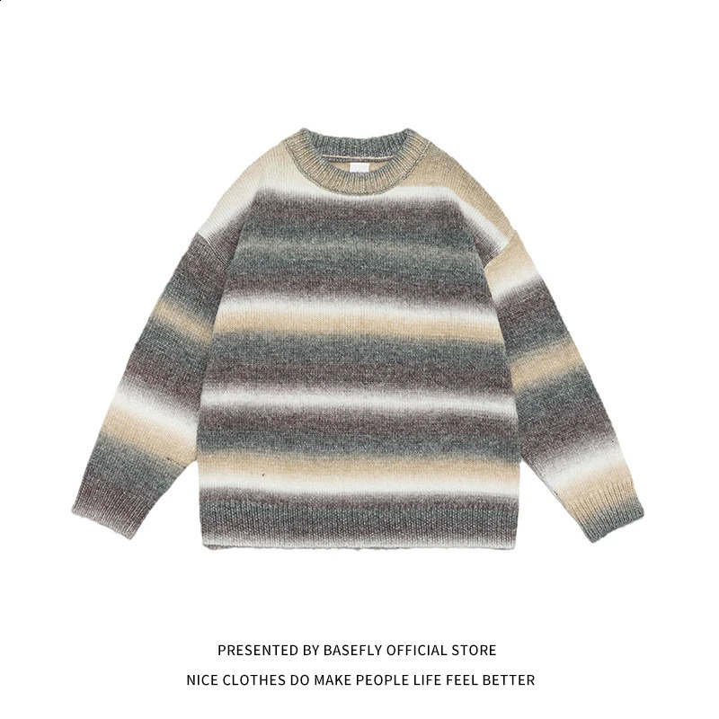 Autumn and winter striped rainbow color chic streetwear mens sweaters unisex couple womens sportswear Pullover casual hiphop 240821