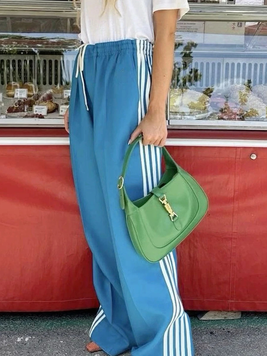 Y2k Pants Women Striped Track Pants Elastic Waist Straight Leg Sweatpants Joggers Wide Leg Side Stripes Pants with Pockets 240821
