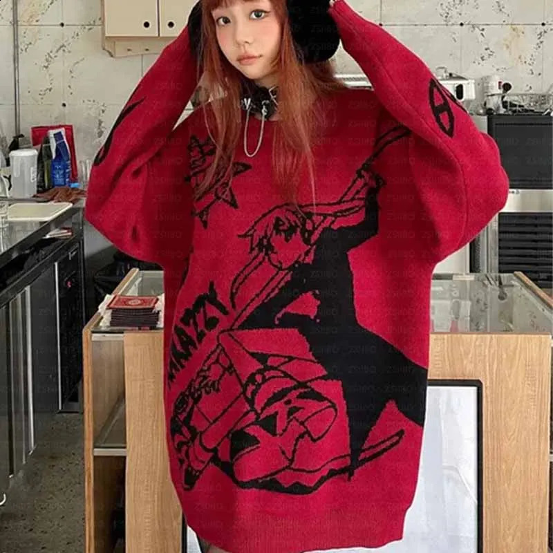 Womens warm highquality knitted sweater cartoon fashion Y2K clothing latte art street punk retro gothic winter 240821