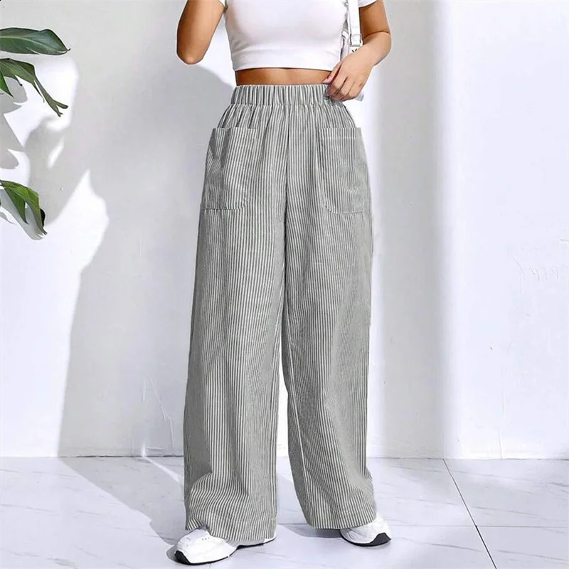 Lamuusaa Women Wide Leg Pants Summer Striped Elastic High Waist Loose Lounge Trousers with Front Pockets y2k Clothing Streetwear 240821