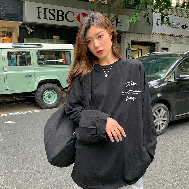 Spring Autumn New Korean Edition Front and Back Letter Printed Thin Sleeve Hoodie for Female Students, Medium to Long Length Round Neck Top dongdumaoy