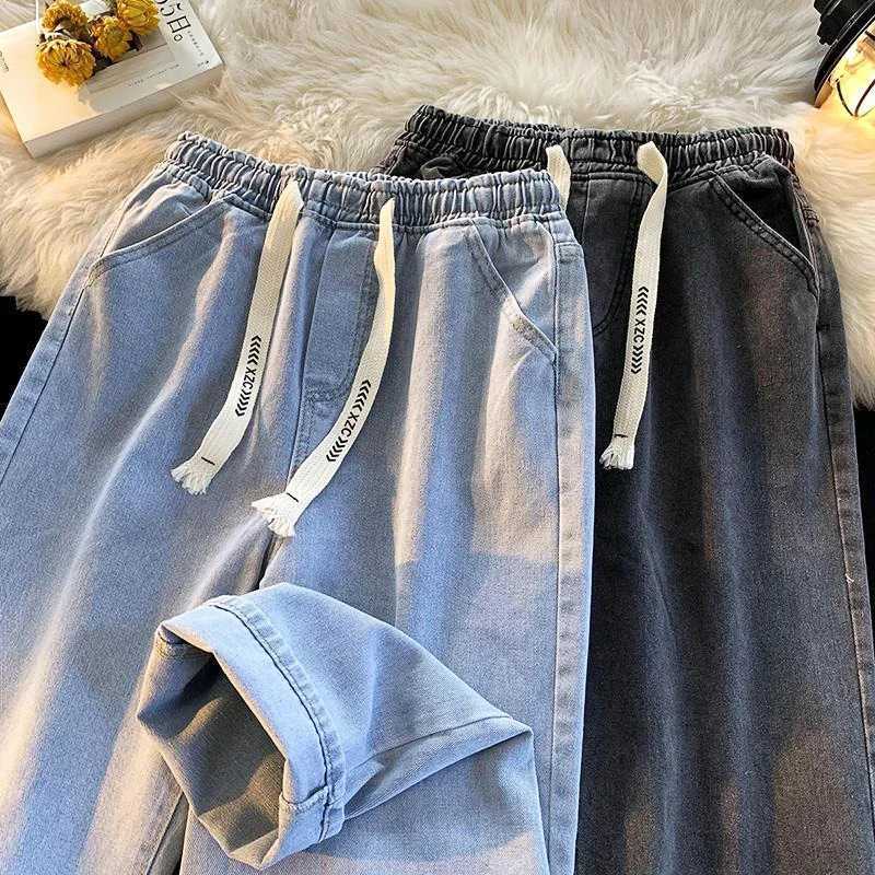 2024 Summer Straight Jeans Pants Men Loose Casual Light Color Ins Boys Pants Student Nine-minute PantsX241009